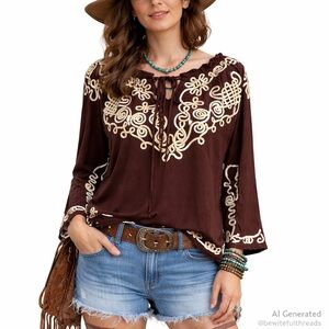 Lauren Michelle M Chocolate Brown Embroidered Boho Y2K Top